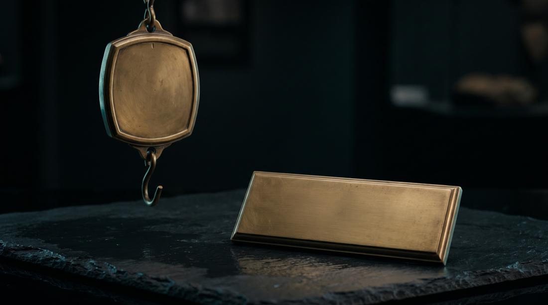 An old brass scale hanging in low light